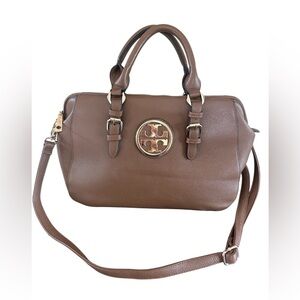 Tory Burch Amanda Espresso Brown Pebbled Leather Medallion Satchel Crossbody Bag